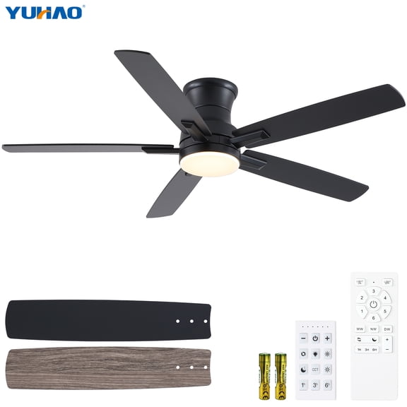 YUHAO 52" Dual Color Ceiling Fan with Lights, 3CCT Dimmable LED, Reversible DC Motor, 6 Speed & Timer, Flush Mount Fan Light for Bedroom, Living Room & Covered Patio