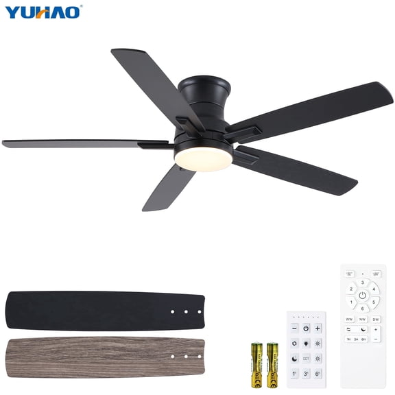 YUHAO 52 inch Black Outdoor Flush Mount Ceiling Fan with Light , Modern Low Profile Reversible 6 Speed Dimmable 3CCT LED for Bedroom ,Balcony.