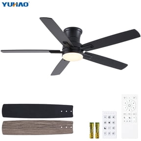 YUHAO 52 inch Black Outdoor Flush Mount Ceiling Fan with Light , Modern Low Profile Reversible 6 Speed Dimmable 3CCT LED for Bedroom ,Balcony.