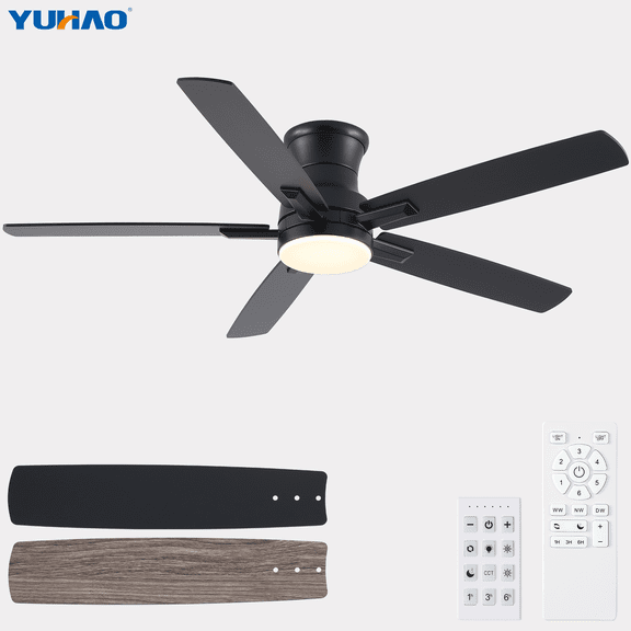 YUHAO 52" Dual Color Ceiling Fan with Lights, 3CCT Dimmable LED, Reversible DC Motor, 6 Speed & Timer, Flush Mount Fan Light for Bedroom, Living Room & Covered Patio
