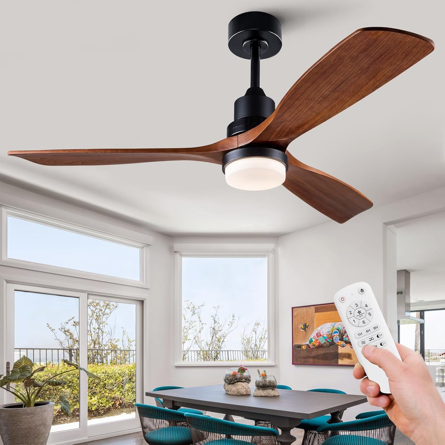 Fanerody 52-Inch Outdoor Waterproof Ceiling Fan With Light & Remote - 6-Speed DC Motor, Timer, Walnut Finish