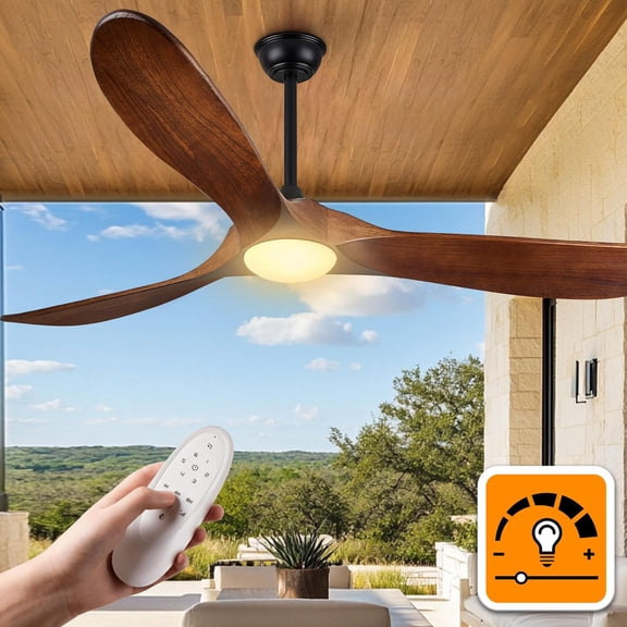 52 Inch Outdoor Ceiling Fans with Lights, Propeller Solid Wood Ceiling Fan with Light and Remote Control 3 Blades Damp Rated Outdoor Fan Quiet for Patios Farmhouse Bedroom Sunroom, Dark Walnut