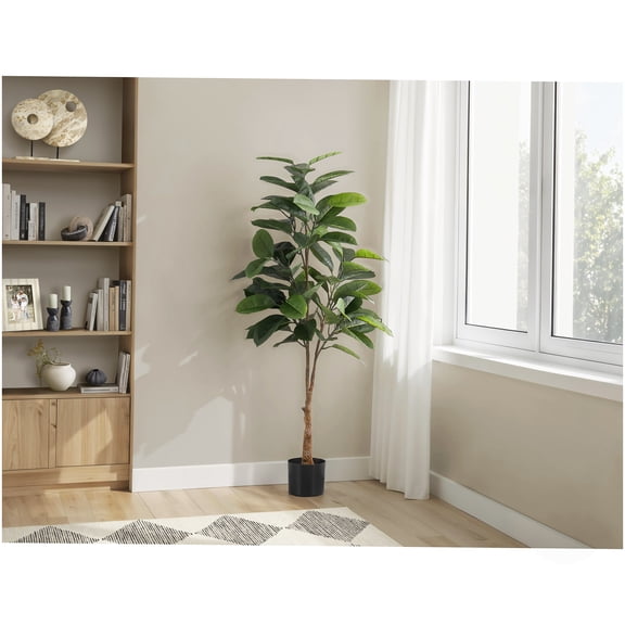 52 Inch Potted Faux Rubber Tree, Real Touch Green Foliage for Floor Display at Home Office