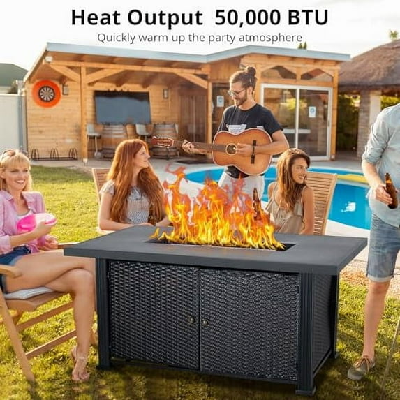 52 Inch Propane Fire Pit, CSA-Listed Outdoor Gas Fire Pit Rectangular Tabletop with Lid, 50,000 BTU Steel FireTable with Rain Cover Glass Wind for Outside Patio Yard Balcony