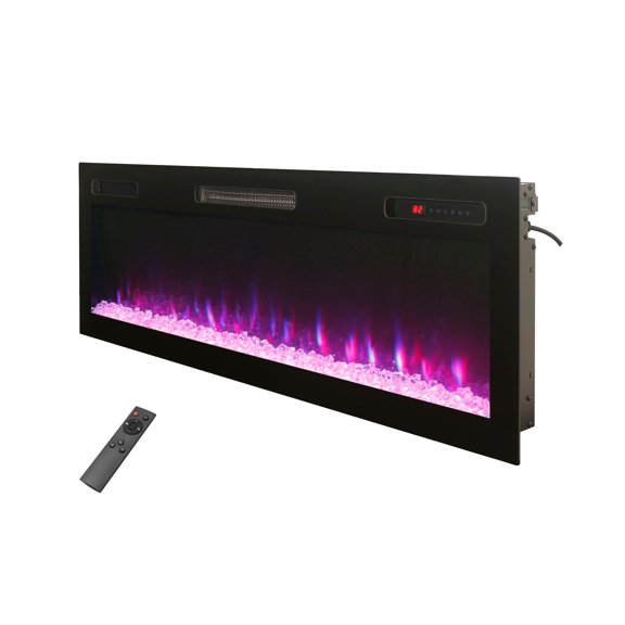 52 Inch Recessed Wall Mounted Electric Fireplace Remote Timer Adjustable Flame 750W 1500W