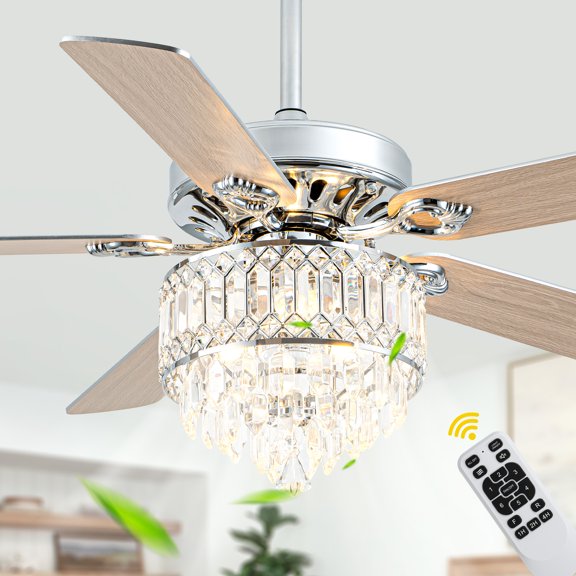 Chords Attic 52” Chrome Crystal Ceiling Fan with Lights and Remote Control, DC Motor 6 Speed Chandelier Fan for Bedroom, Living Room
