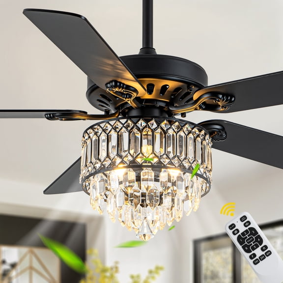 Chords Attic 52” Black Crystal Ceiling Fan with Lights and Remote Control, DC Motor 6 Speed Chandelier Fan for Bedroom, Living Room