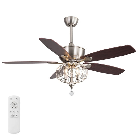 52 Inch Sand Nickel Ceiling Fan with Crystal Shade Reversible DC Motor 1 4 8H Timer 3 Light E12 Base Bulbs Not Included On Site