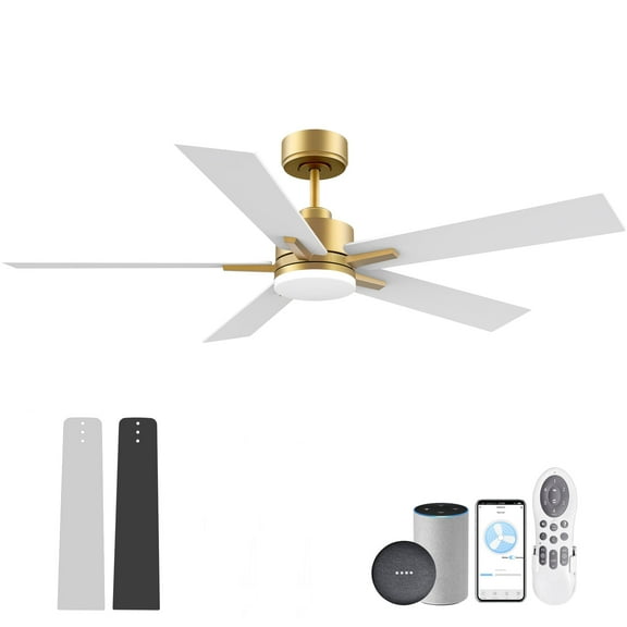 52 Inch Smart Ceiling Fan with LED Lights Remote,Quite DC Motor,Voice Control via Alexa Google WIFI Phone,Outdoor Indoor Modern Ceiling Fans,Dimmable,for Bedroom Patio Porch,Gold and White Black