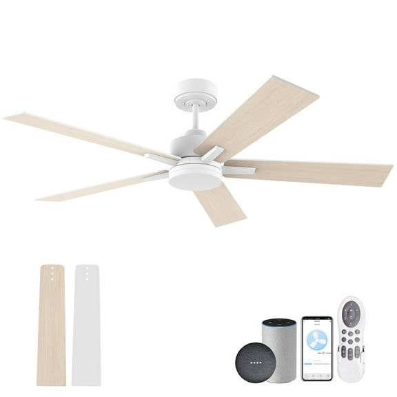 52 Inch Smart Ceiling Fan with Lights Remote,Voice Control via Alexa Google WIFI App,Ultra Quiet DC Motor,Outdoor Indoor Modern Ceiling Fans,6-Speed for Bedroom Patio Porch,White and Light Wood Color
