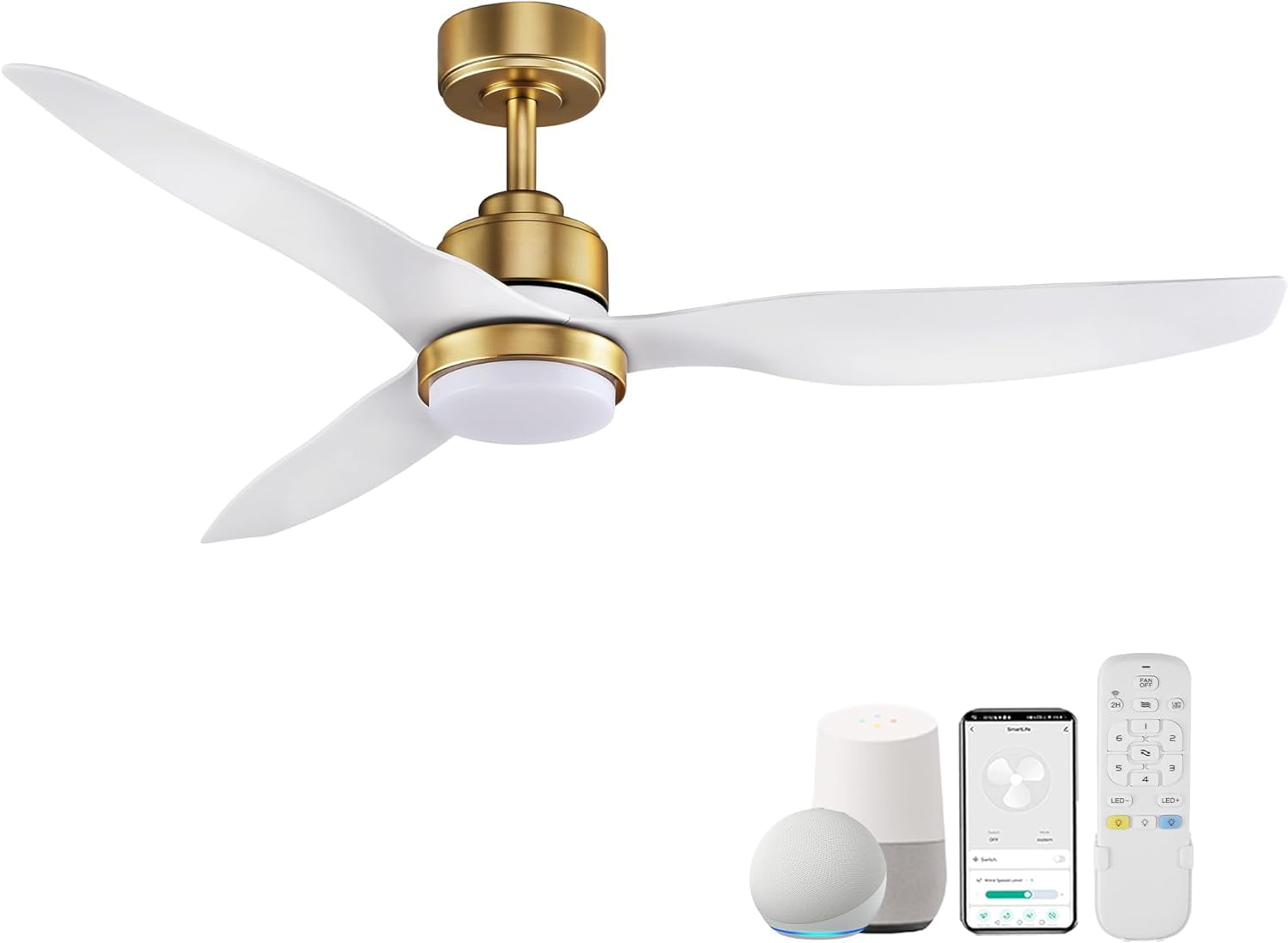 52 Inch Gold and White Smart Ceiling Fan with LED Light and Remote