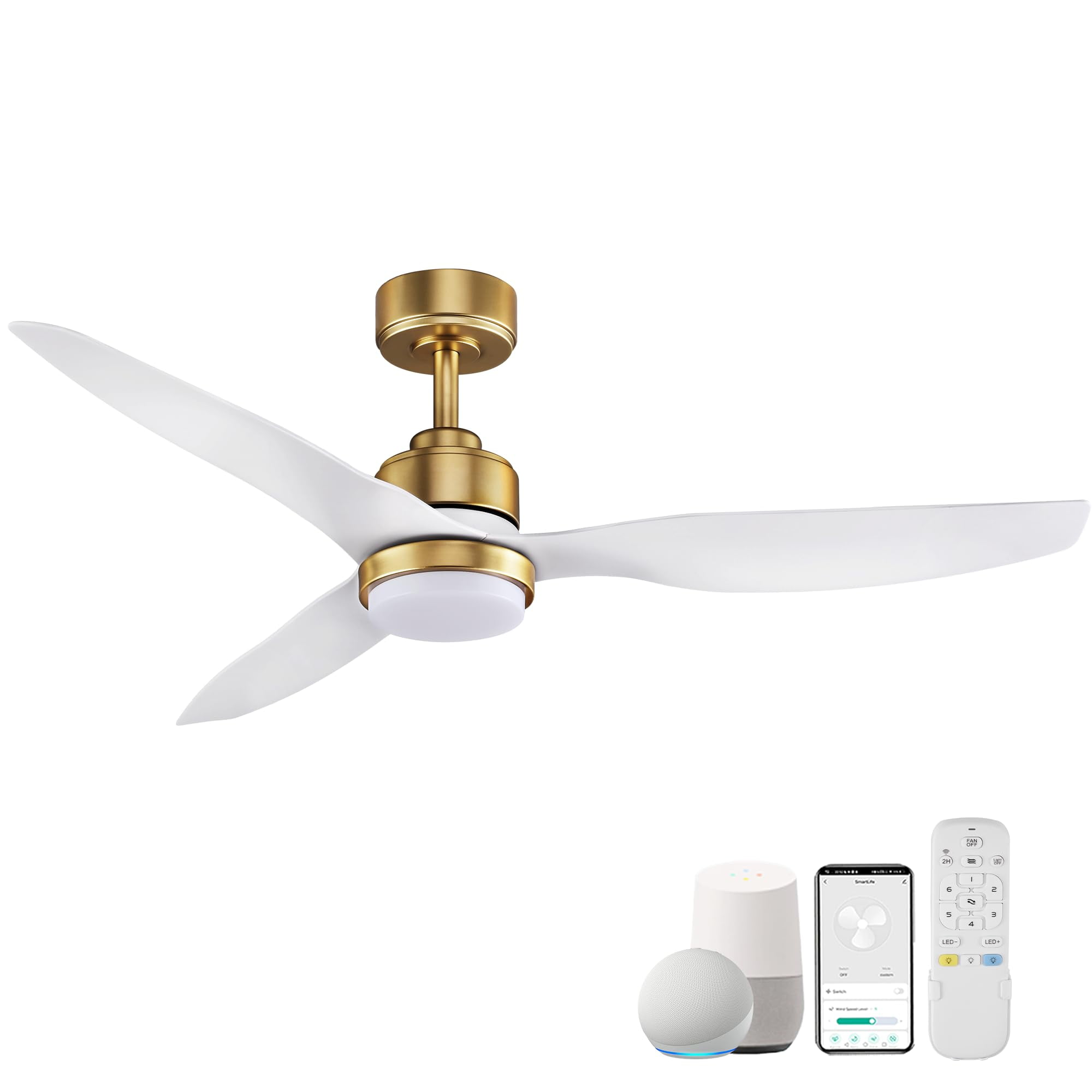 52 Inch Gold and White Smart Ceiling Fan with LED Light and Remote