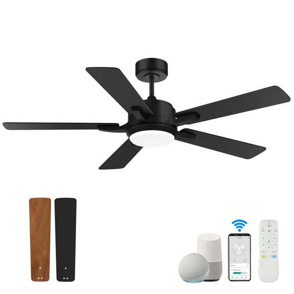 52 Inch Smart Ceiling Fans with Lights and Remote,Quiet DC Motor,Outdoor Indoor Wood& Black Ceiling Fan,Voice Control via WIFI Alexa App,Modern Dimmable LED Ceiling Fan for Bedroom Patio Porch