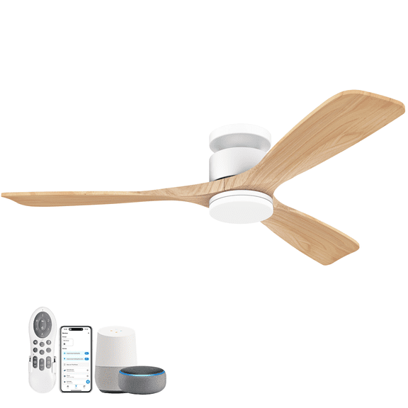 52 Inch Smart Flush Mount Ceiling Fans with Lights Remote,Wood Outdoor Indoor Ceiling Fan,WIFI Alexa App Control,Quiet DC Motor,Low Profile Fan LED Lighting for Bedroom Patio,White & Light Wood