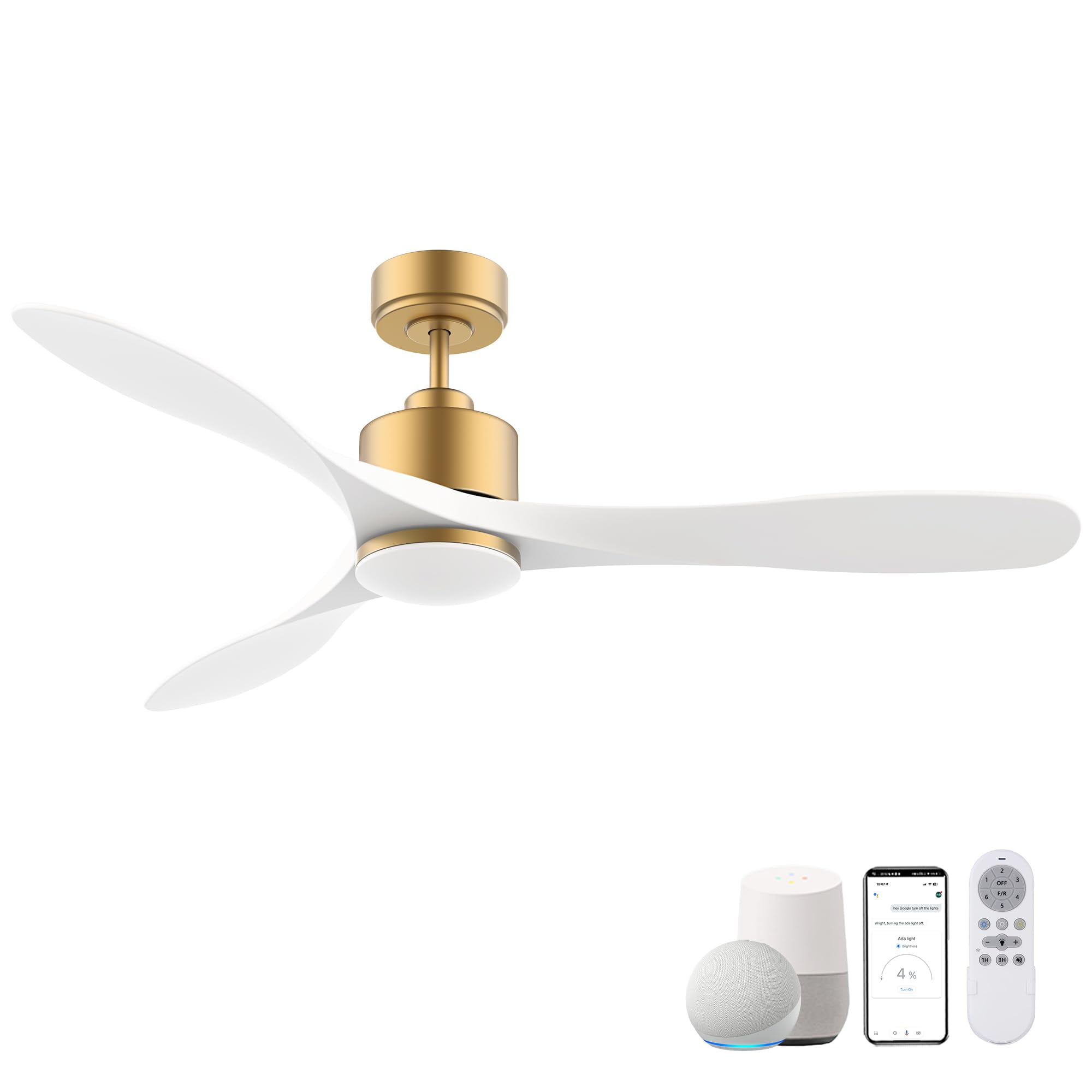 52 Inch Gold and White Smart Ceiling Fan with LED Light and Remote
