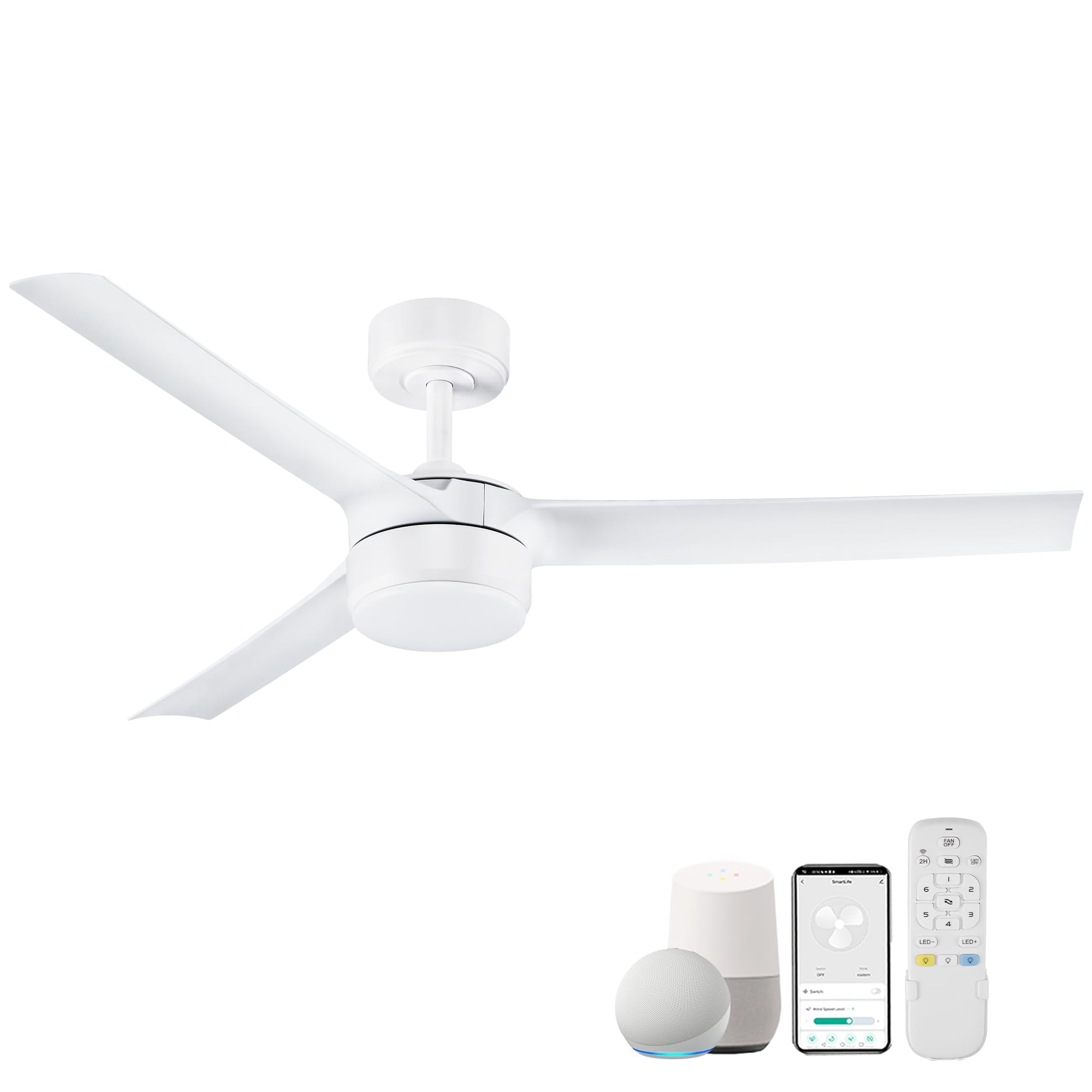52 Inch Smart Outdoor Ceiling Fans with LED Lights and Remote,Quiet DC Motor, Matte White 3 Blade for Bedroom Living Room Patio Porch, Dimmable, Indoor Modern Ceiling Fan Controlled by WIFI Alexa App