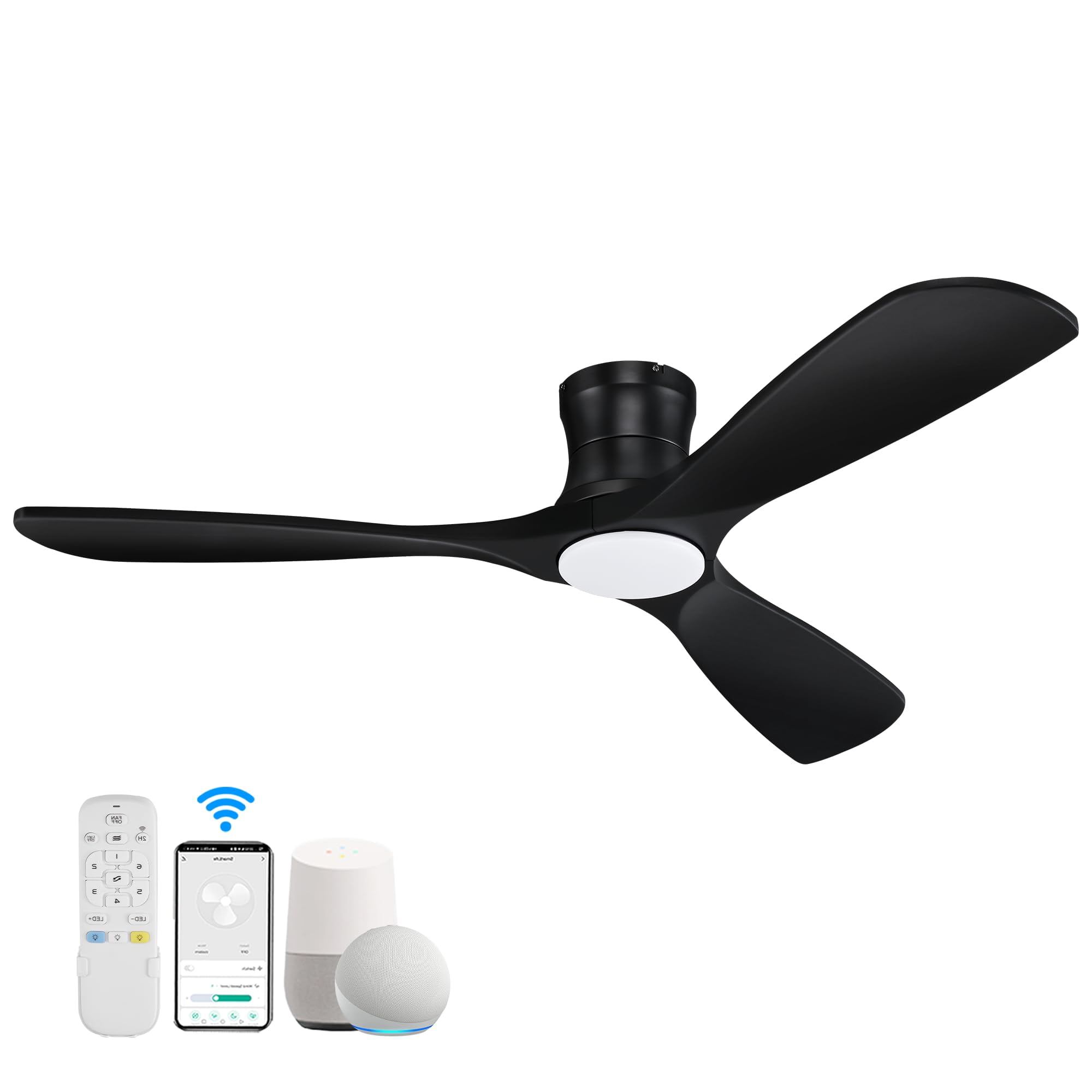 52 Inch Smart Wood Low Profile Ceiling Fan with Lights Remote,Quiet DC Motor, Modern Black for Bedroom Living Room Patio Porch, Outdoor Indoor Flush Mount Ceiling Fans Controlled by WIFI Alexa App