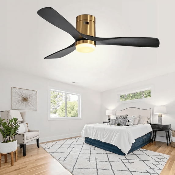 52-Inch Solid Wood Ceiling Fan with 3-Color LED Light & Remote Control, Ultra-Quiet DC Motor for Living Room, Bedroom, Office - Gold Finish