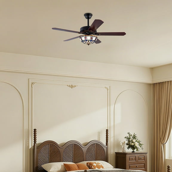 52 Inch Tiffany Style Ceiling Fan with Light and Remote Control, Quiet 6-Speed Reversible Motor for Bedroom, Living Room, 3-Color Temperature LED Light Kit, Flush Mount