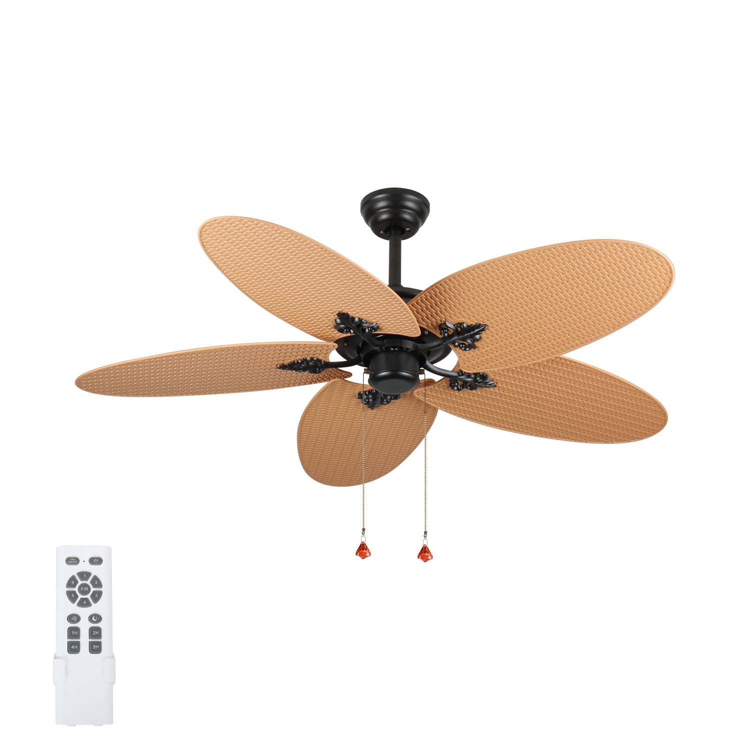 52 Inch Tropical Ceiling Fan with 5 Palm Leaf Blades, Indoor Outdoor No Light Fan, Pull Chain Control, Dual Mounting Options, Ideal for Patios and Bedrooms