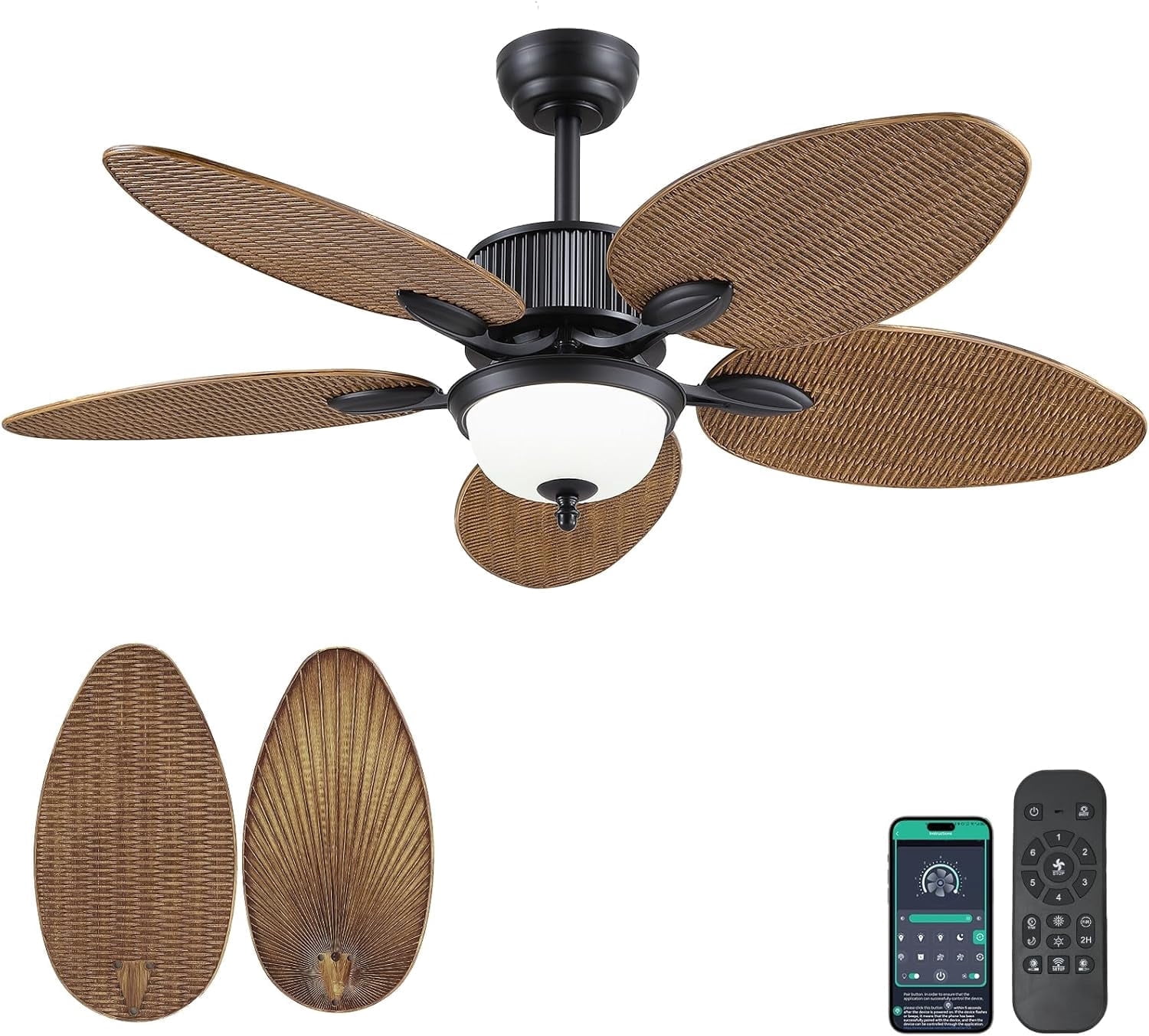 50 Inch Tropical Ceiling Fan with Light & Remote Control, Waterproof Palm Leaf Ceiling Fan for Patio, Porch, Gazebo, Outdoor, 6 Speeds, Quiet Operation, LED Light, Wet Rated, Brown with Glass, 41W
