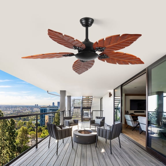 52 Inch Tropical Ceiling Fan (No Light), Black Bronze Palm Leaf Fan, Reversible Indoor/Outdoor for Patio & Living Room