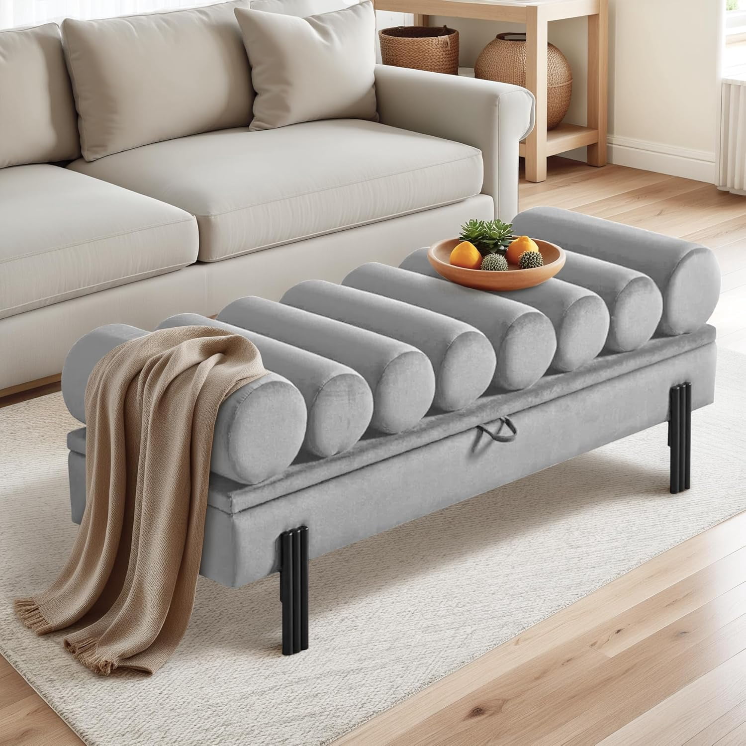 Bench Arm 52 Inch Velvet Upholstered Storage Ottoman Bench with Arms, Bedroom or ...
