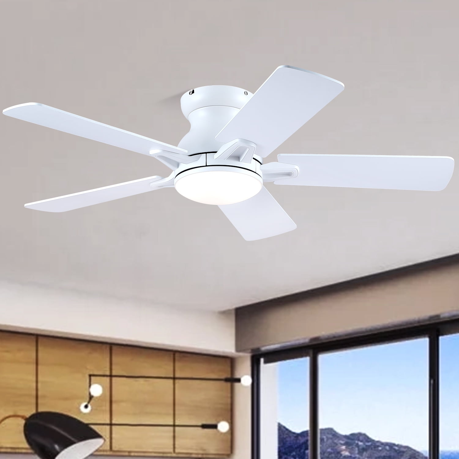 52 Inch White Flush Mount Ceiling Fan with Dimmable LED Light, Remote/APP Control, Reversible DC Motor, 6 Speeds, Low Profile, Energy Efficient for Modern Indoor & Outdoor Patios - CHESUR