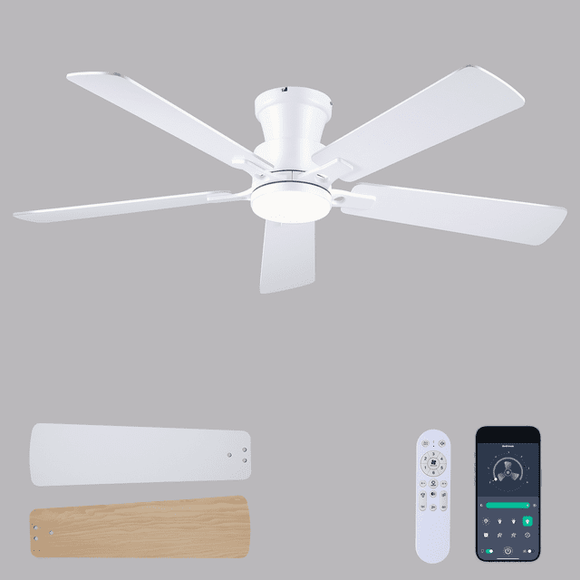52 Inch White Flush Mount Ceiling Fan With Light, Quiet 6‑Speed DC ...