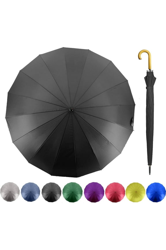 52 Inch Windproof Large Umbrellas for Rain, 16 Ribs, J Wooden Handle, 210T High-density Fabric Golf Stick Umbrella
