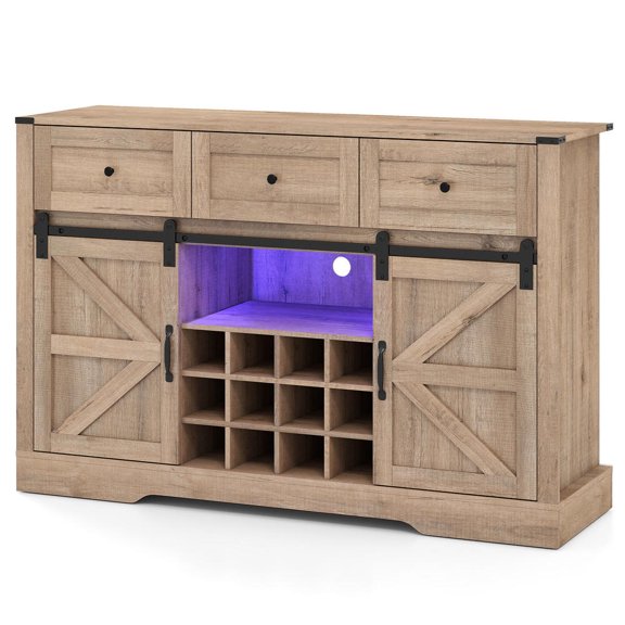 52 Inch Wine Bar Cabinet with Led Lights, Sliding Barn Doors, and Storage Shelves