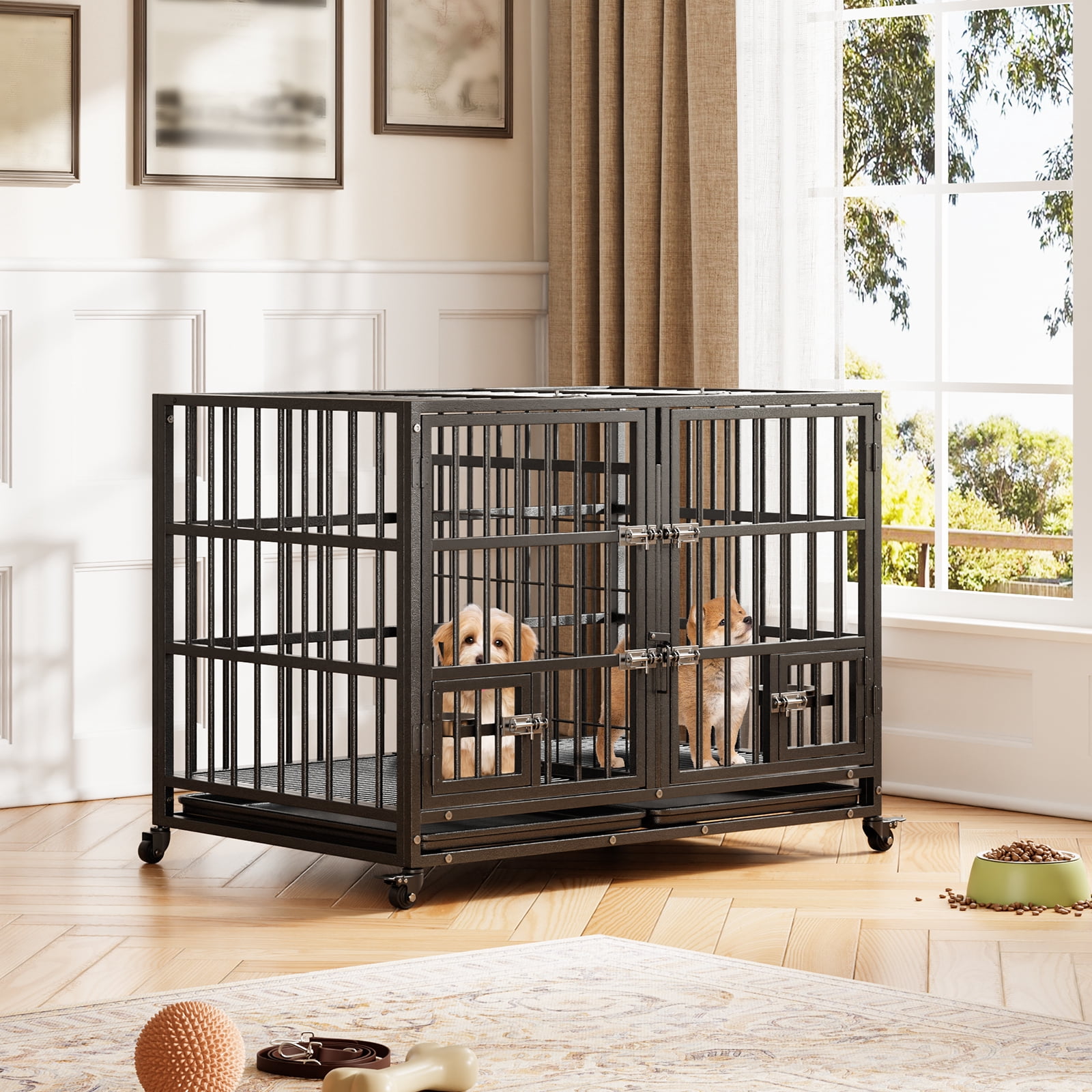 View of 52 Inches Heavy Duty Dog Crate, Extra Large Metal Dog Kennel with Roof ...