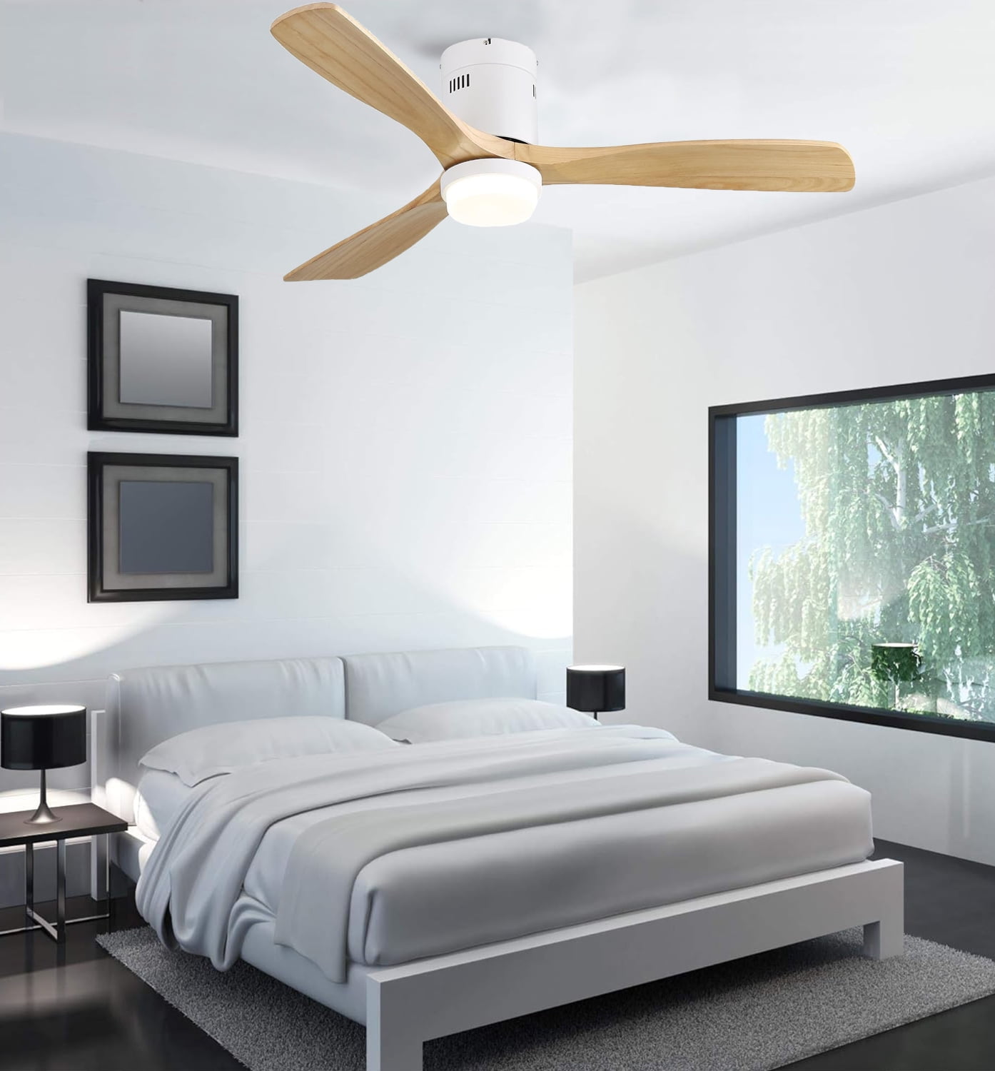52'' White Modern Ceiling Fan with Light and Wood Blades
