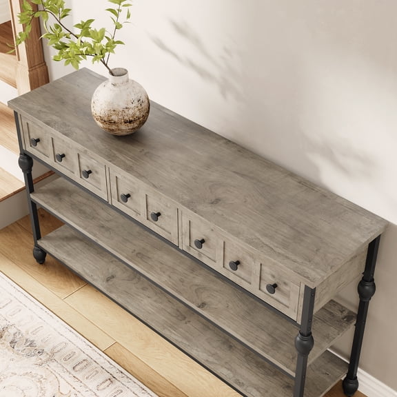 52" Industrial Console Table with 3 Storage Drawers & 3-Tier Shelves - Metal Entryway Table for Hallway, Behind Couch, Living Room