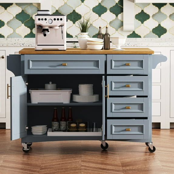 52'' Kitchen Island with Drop Leaf, Embossed Texture Kitchen Island on Wheels with Spice Rack, Towel Rack, 2 Doors and 5 Drawers, Kitchen Storage Cart with Adjustable Shelf for Kitchen, Blue