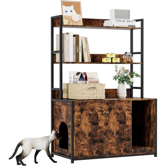 52" Large Cat Litter Box Furniture w/2 Shelves & Doors, Hidden Litter Enclosure Cabinet, Scratch Pad & Storage, Multi-Functional Pet Furniture