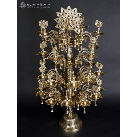 52-inch Large Dancing Peacock Annam Lamp with Vines and Bells - Brass