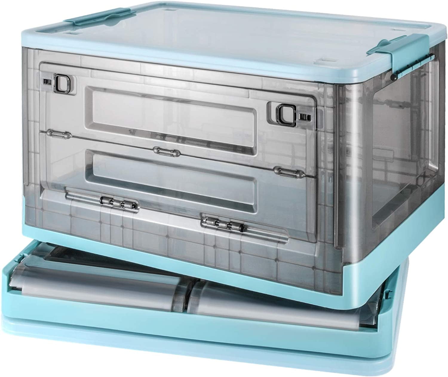 52 Liters Large Clear Plastic Storage Box with Lid Wheels Collapsible Storage Bins with Double Doors Stackable Folding Container Organizer Cube for Home Office Closet52 Liters 1 Count (Blue)