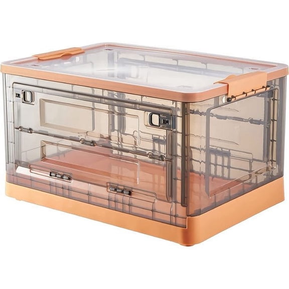 52 Liters Large Clear Plastic Storage Box with Lid Wheels Collapsible Storage Bins with Double Doors Stackable Folding Container Organizer Cube for Home Office Closet52 Liters 1 Count (Orange)