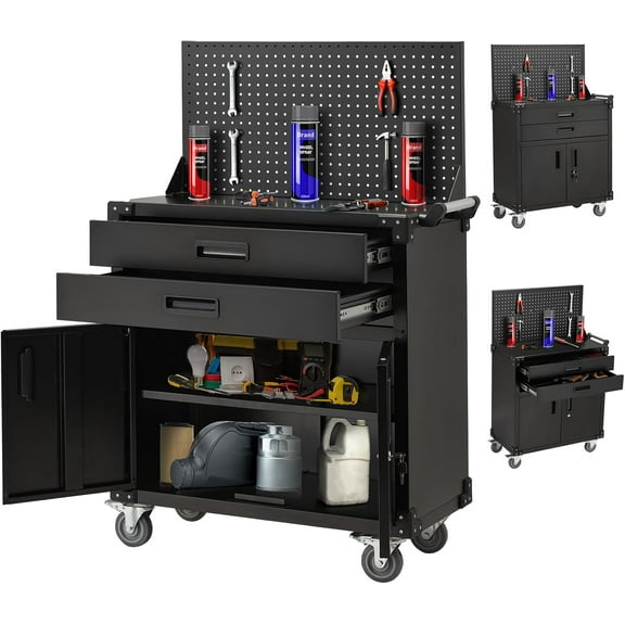 52" Mobile Workbench with Pegboard & Drawers - Heavy-Duty Garage Tool Bench with Lockable Storage, Cold-Rolled Steel, 4 Swivel Casters, Black