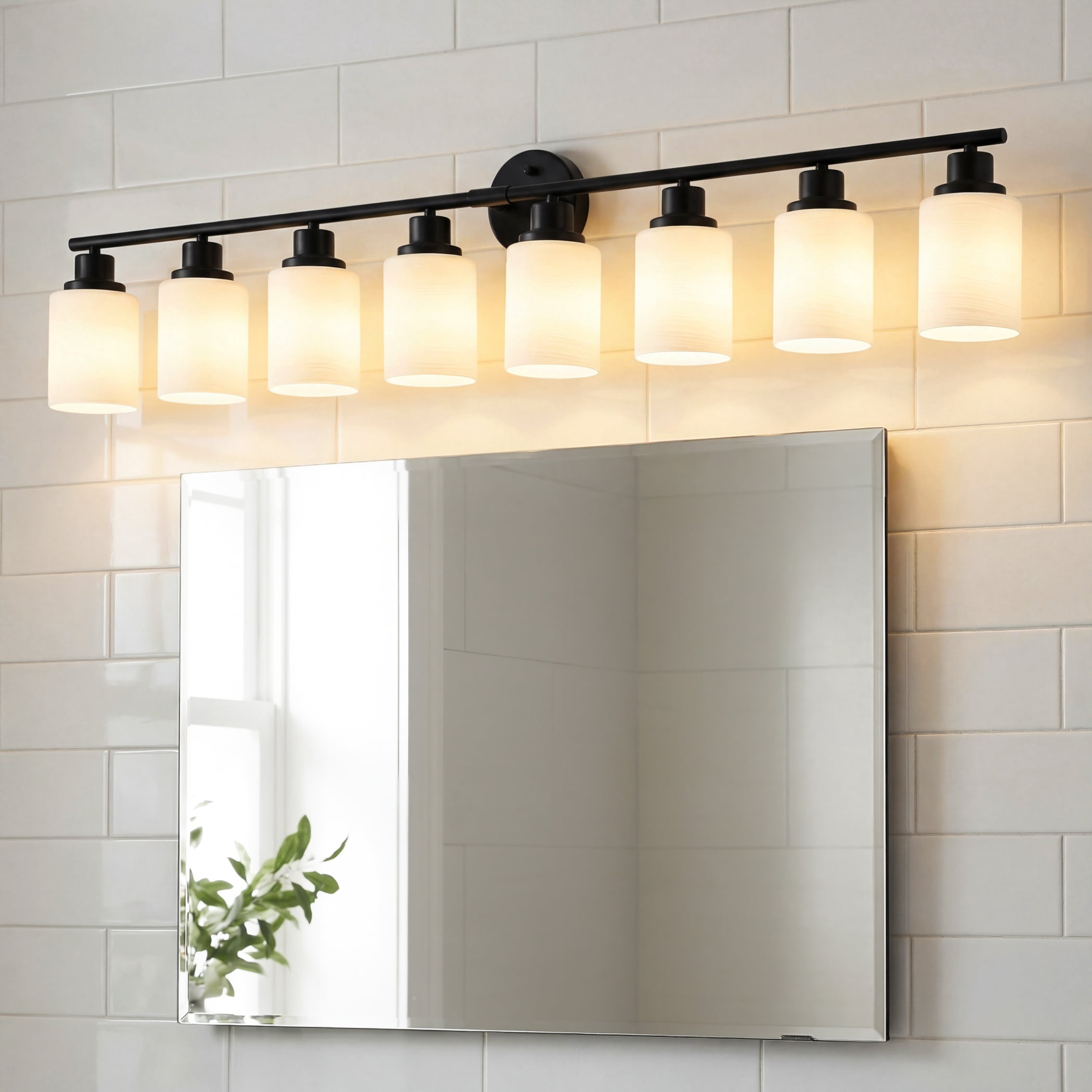 52" Modern 8-Light Vanity Bathroom Light Fixture, Black Iron Frame with Frosted White Glass Shades, Wall Sconce for Mirror, Bedroom, Bathroom, or Dressing Room (Bulbs Not Included)