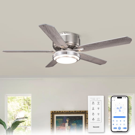 52" Modern Brushed Nickel Flush Mount Smart Ceiling Fan with Dimmable LED Light and Remote