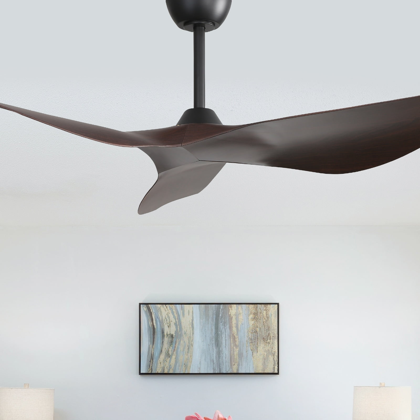 52" Black and Dark Wood-Grain Modern Ceiling Fan with Remote