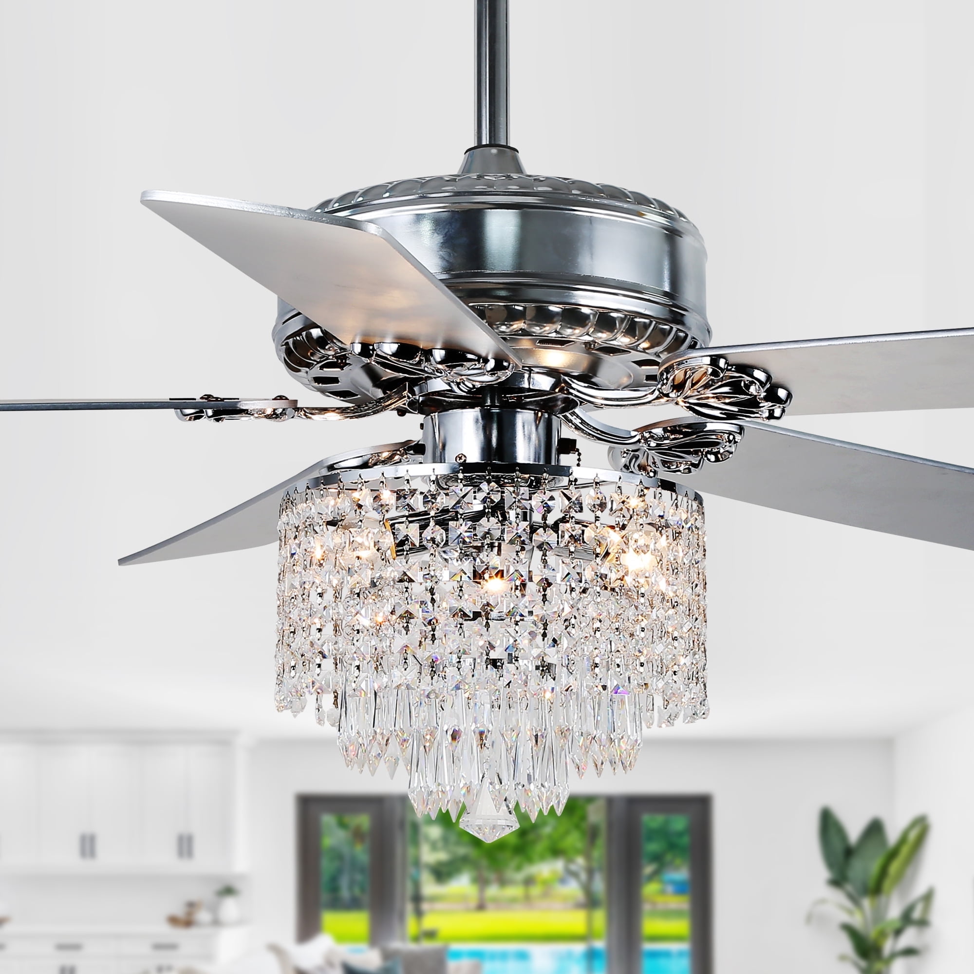 52" Modern Silver Crystal Ceiling Fan with Light and Remote Control, 6-Speed Reversible DC Motor