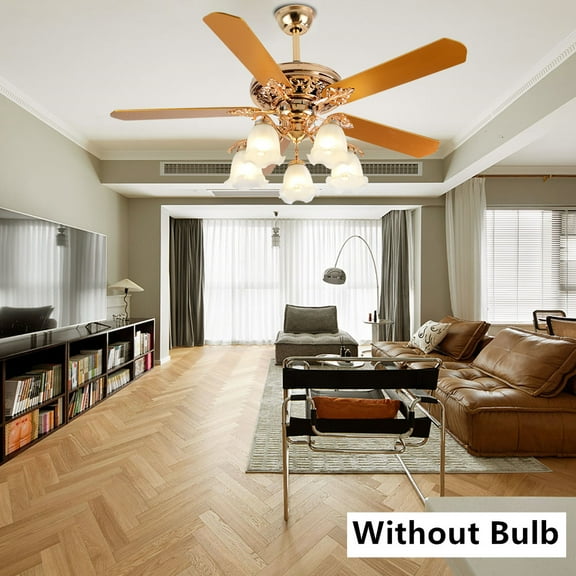 52" Modern Golden Ceiling Fan Light Chandelier Fan Lamp with 5 Reversible Blades Remote Control Living Room Ultra-powerful Air Movement with Whisper-quiet Performance