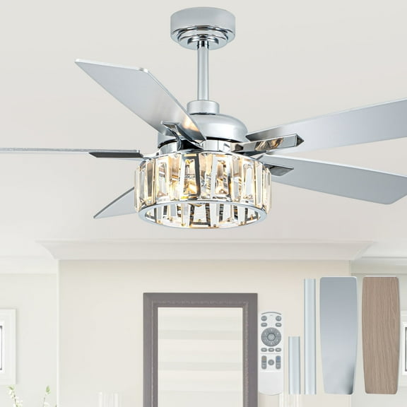 Cusp Barn 52" Modern Reversible Ceiling Fan with Remote and Lights, Luxury Crystal Fan with 2 Lights, for Large Room