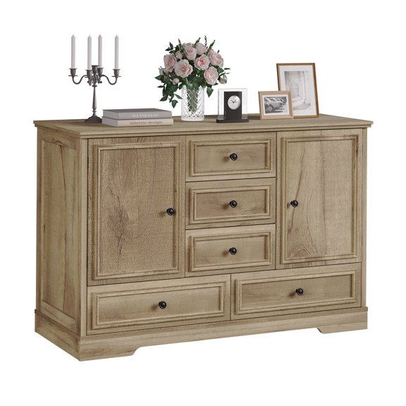 52" Modern Sideboard Buffet Cabinet with 2 Doors and 5 Drawers, Farmhouse Storage Cabinet with Large Capacity, Wood Accent Cabinet for Dining Room, Kitchen, Living Room