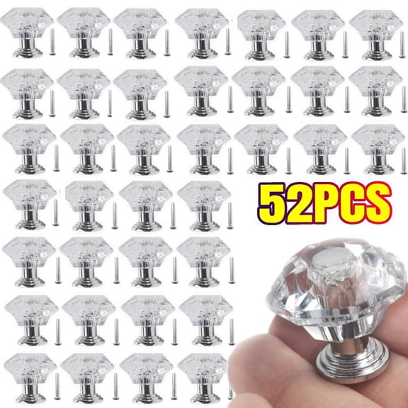 52 PCS Clear Crystal Drawer Knobs, 24 mm Diamond-Shaped Acrylic Cabinet Knobs Pulls for Kitchen Dresser Drawer and Cupboard
