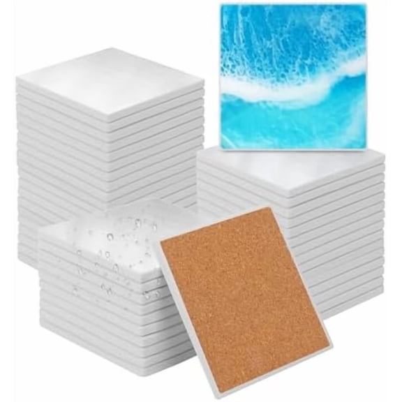 52 PCS Sublimation Square Ceramic Coasters with Cork Backing Pads, 4 Inch Glazed Square Coaster Tiles for Drinks, Heat Transfer & Absorbent Ceramic Coaster Set for DIY Crafts