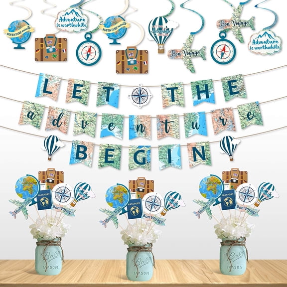 52 PCS Travel Themed Party Decorations Set Let Adventure Begin Banner Centerpieces Sticks Hanging Swirls for Bon Voyage Retirement Farewell Party World Awaits Birthday Baby Shower Decor Supplie Y101